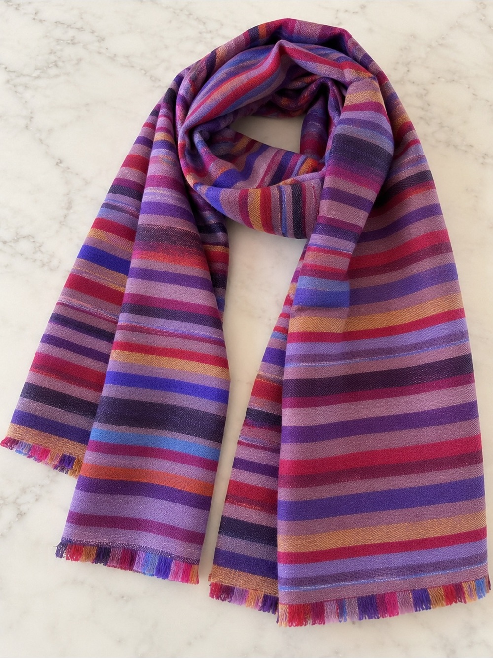 Multicolor Striped Woven Scarf Purple Pink Blue Fringe